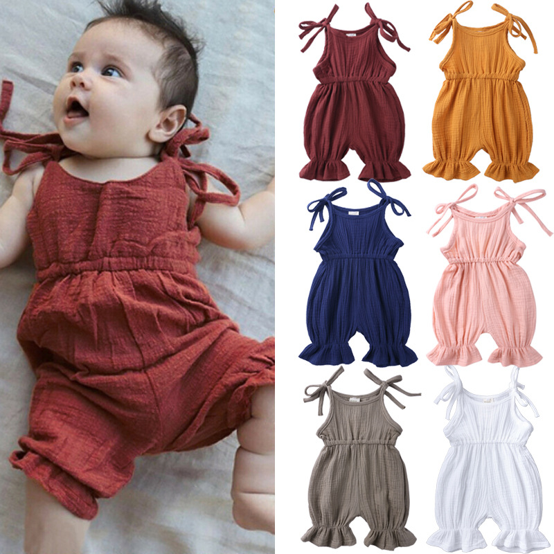 Baby Summer Linen Sleeveless Jumpsuit - Baby Girl's Sleeveless Cotton Linen Rompers,