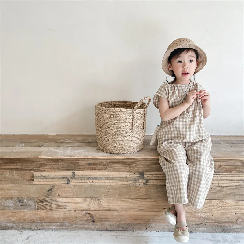 Bebê meninas macacão xadrez cr - Baby Summer Linen Sleeveless Jumpsuit avaliação e preço